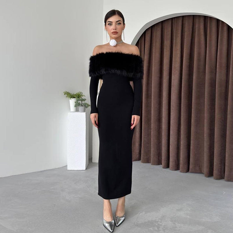 Autumn Maxi Dress Elegant off Shoulder Fur Collar Slim Fit Dress Women