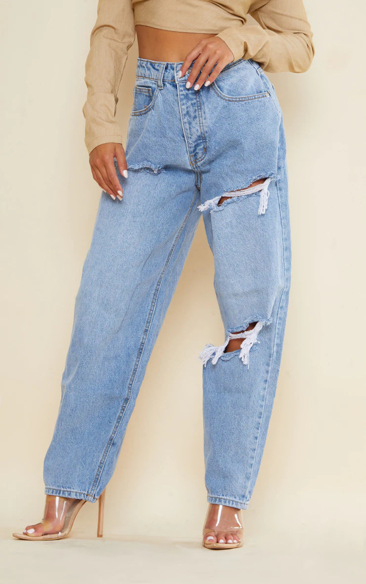 Women High Waist Loose Straight Washed Denim Trousers Harem Baggy Pants Street Radish Pants