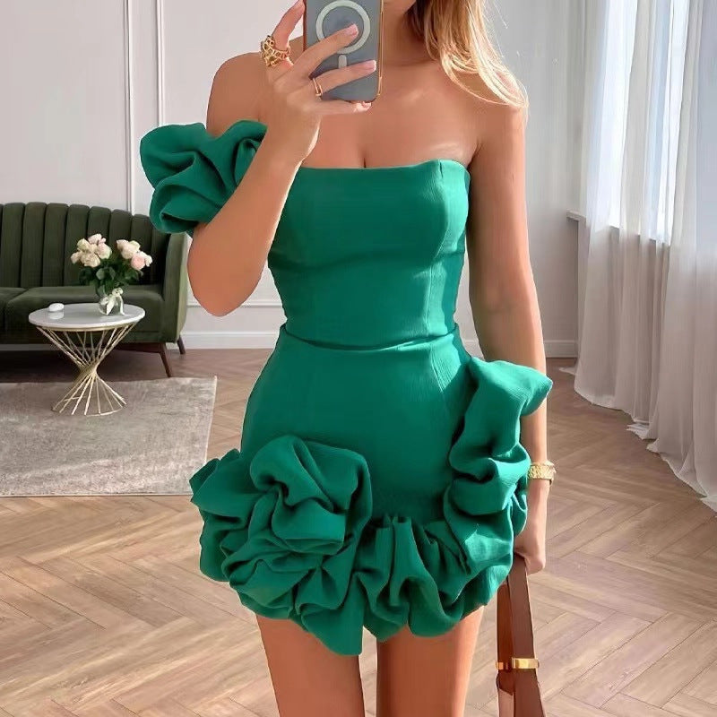 Summer Women Clothing Dress Ruffled Bud Tight Waist Dress One Shoulder Tube Top Hip Dress Green