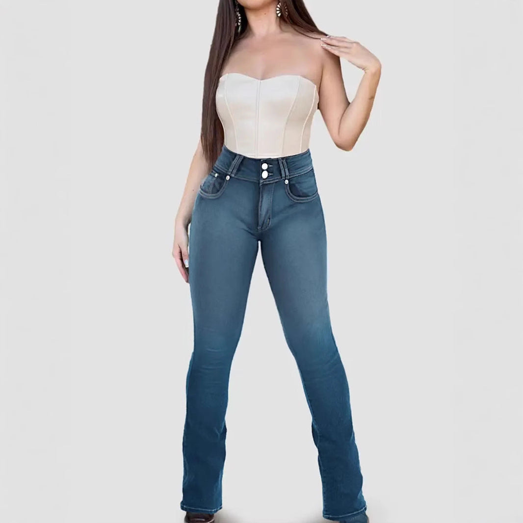 Women Clothing Stretch Hip Lift Double Waist Washed Jeans Women