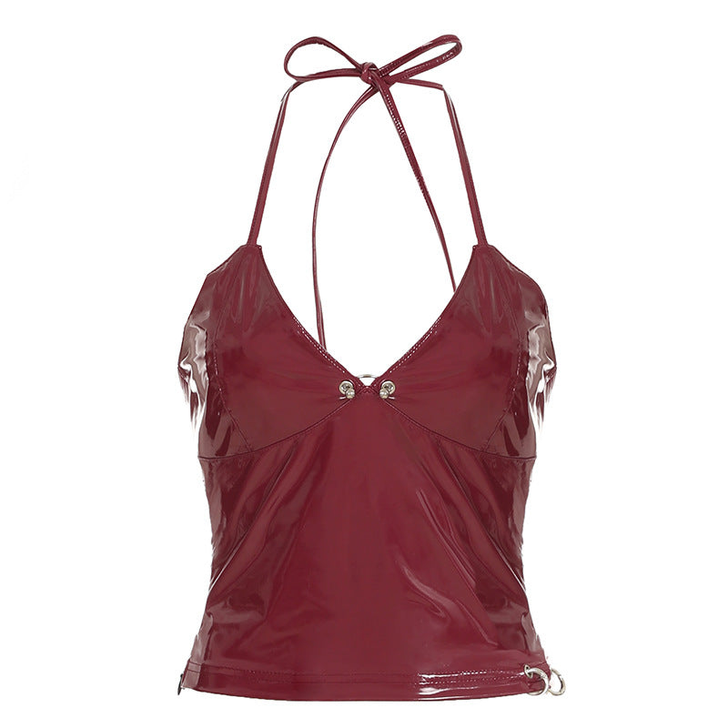 Wine Red Retro Sexy Faux Leather Camisole Top Personality Street Backless Halter Lace up Zip Vest Red