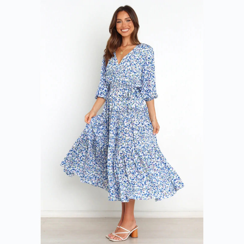 Spring Summer Floral Fresh Sweet Mid-Sleeve V neck Dress