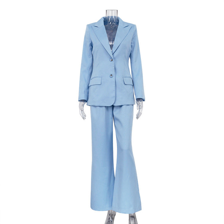 Women Clothing Autumn Winter Office Long Sleeved Small Blazer Trousers Suit High Grade Two Piece Suit Blue