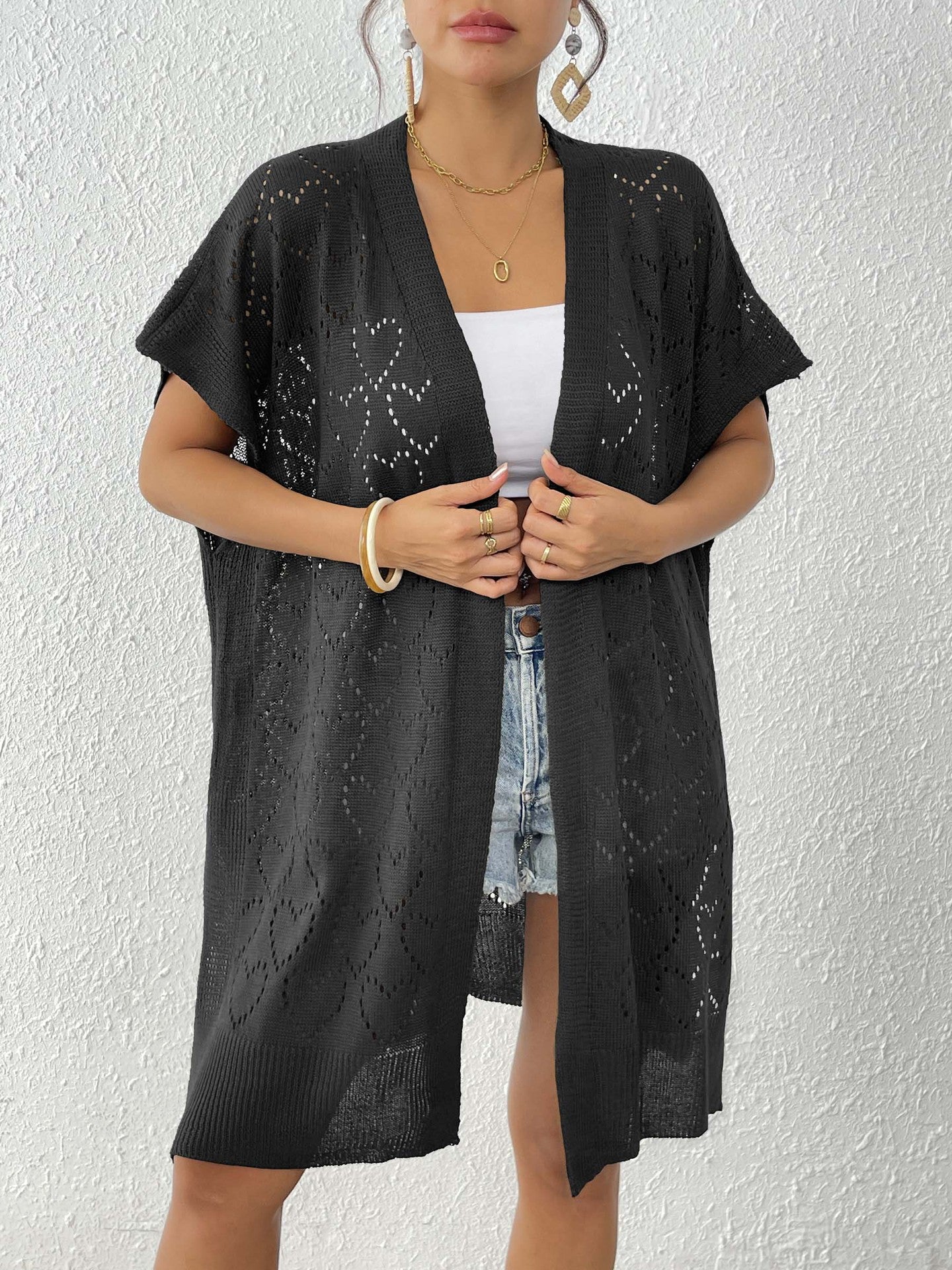 Women Clothing Love Jacquard Woven Shirt Beach Bikini Sun Protective Blouse Loose Cardigan One Size Black