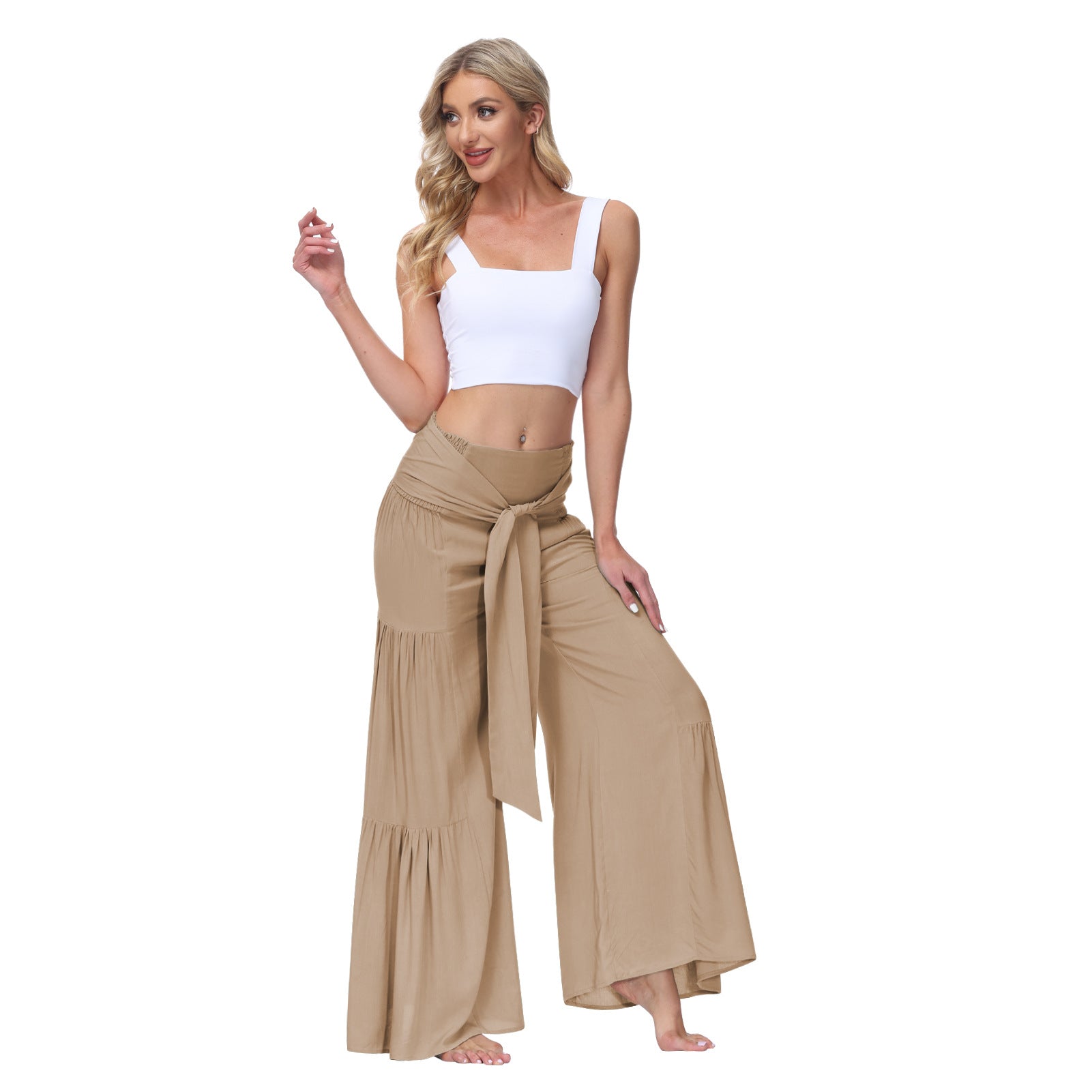 Women Clothing Bandage Elastic Waist Pleated Wide Leg Pants Casual Loose Trousers Beige-Apricot