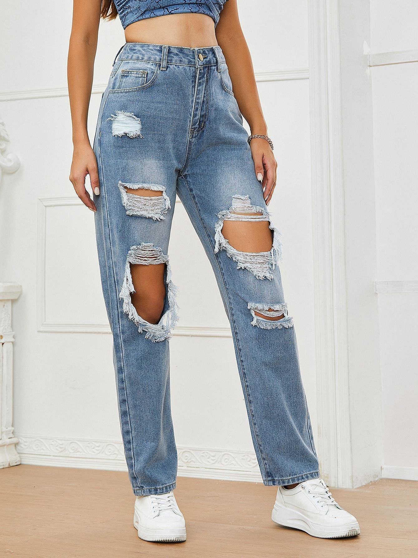 Women Clothing Popular Pants Ripped High Waist Casual Jeans Light Blue