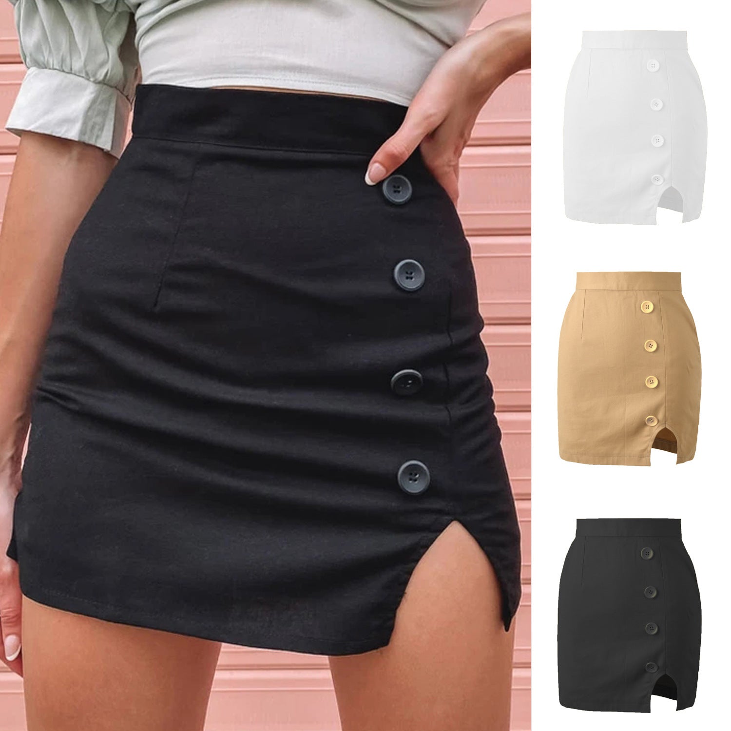 WomenSexy Sheath Slim A- line Skirt High Waist Button Split Solid Skirt Women