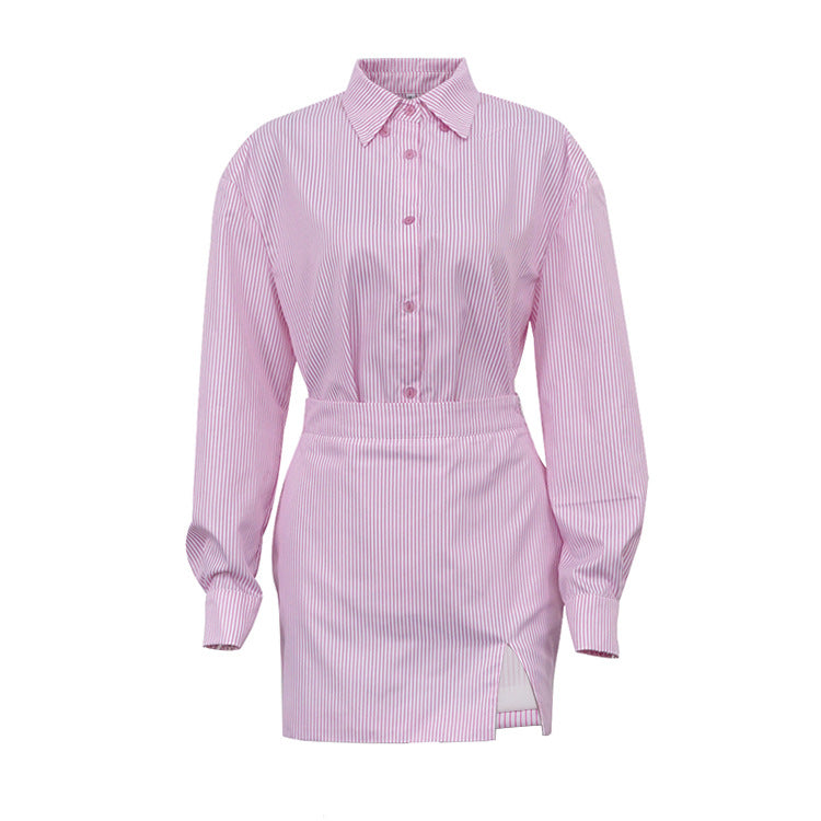 Women Clothing Office Collared Long Sleeve Striped Shirt Sheath Skirt Office Set Pink