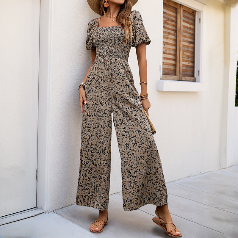 Women Summer Jumpsuit Square Collar Puff Sleeve Wide Leg Pants Printed Jumpsuit