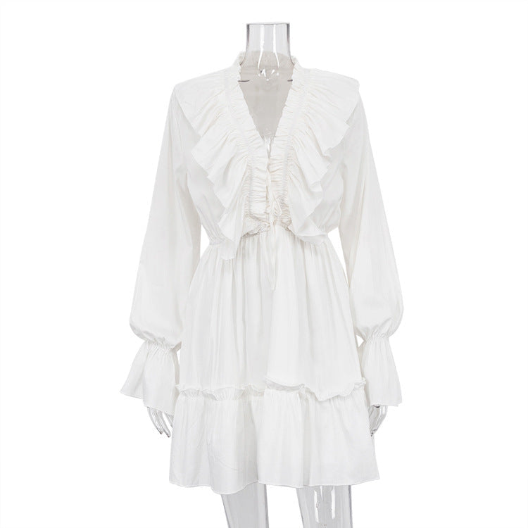 V neck Pleating Bell Sleeve Ruffled White Dress Spring Women Design Petti dress White