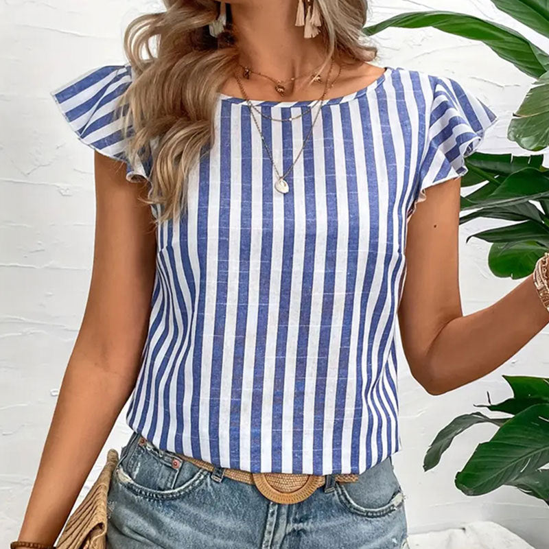 Women Striped V neck Back Decorative Buttons Flying Sleeves Sleeveless Top Women Loose T shirt Spring Summer