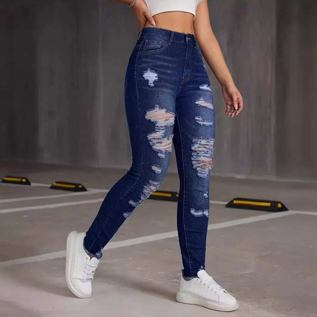 Women Foreign Single High Elastic Ripped Ripped Skinny Jeans Trendy