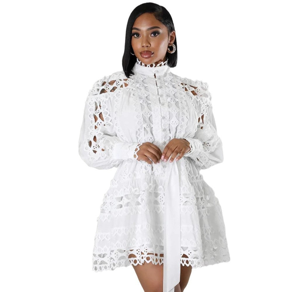 Women Lace Stitching Hollow Out Cutout Long Shirt Dress White