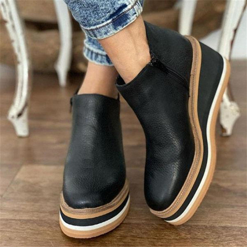 Wedge Thin Short Boots for Women Autumn Winter Side Zipper Mid Heel Leather Surface Ankle Boots Black