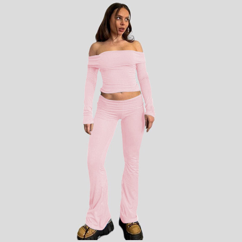 Women Clothing Autumn Winter Long Sleeved Sexy Top Casual Trousers Suit Pink