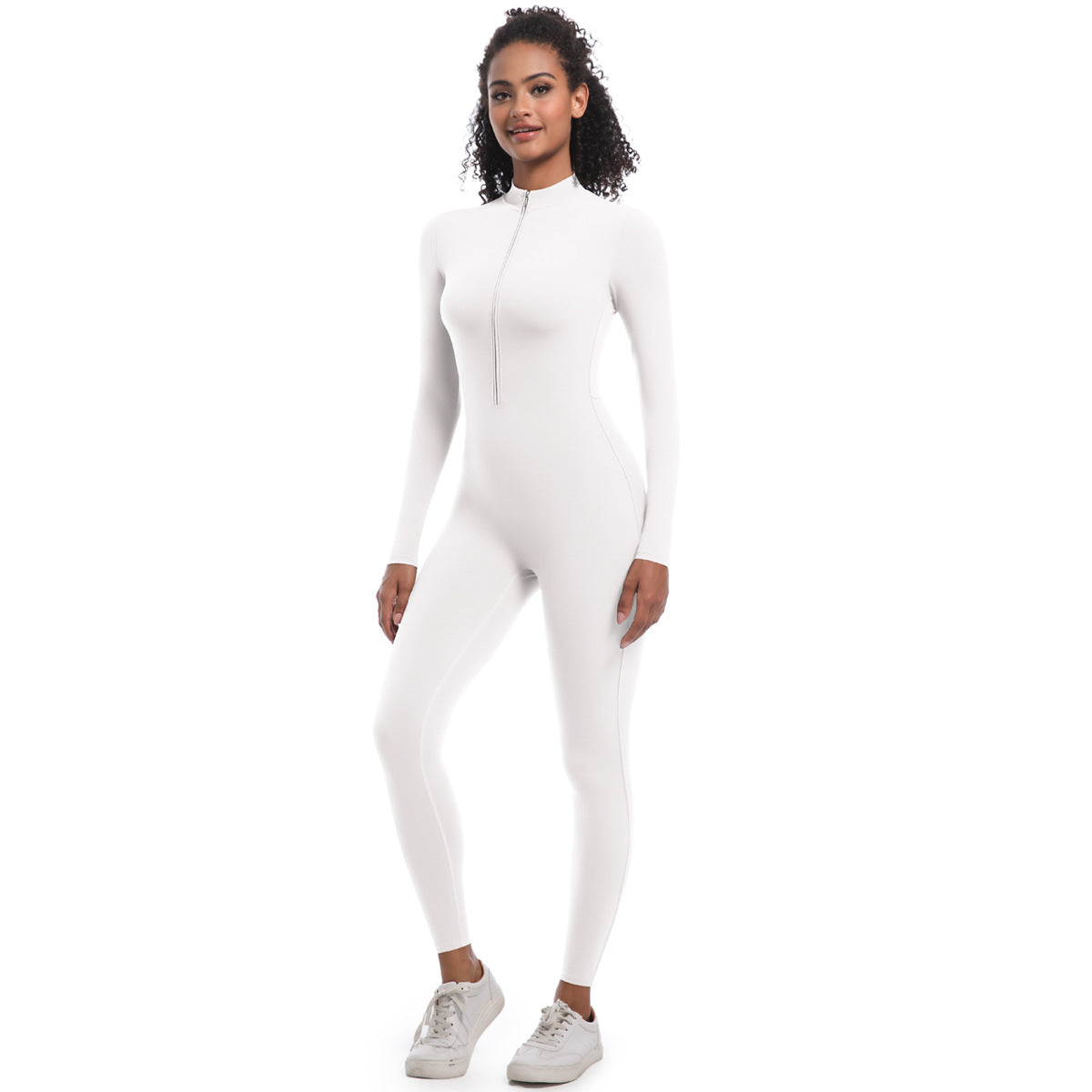 Zipper Nude Feel Long Sleeve Yoga Jumpsuit High Strength Running Fitness Clothes Sports Trend One Piece Tights White