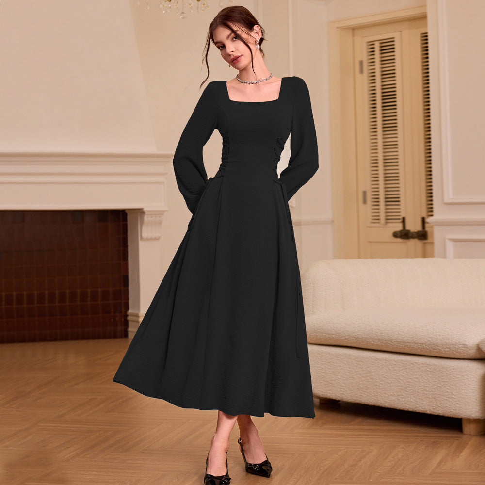 Women Clothing Square Collar Wine Red Dress Autumn Winter Retro Elegant Slim Fit Maxi Dress Black