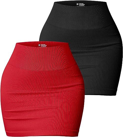 Women Skirt Basic Elastic Rib Casual High Waist Mini Hip Skirt Red