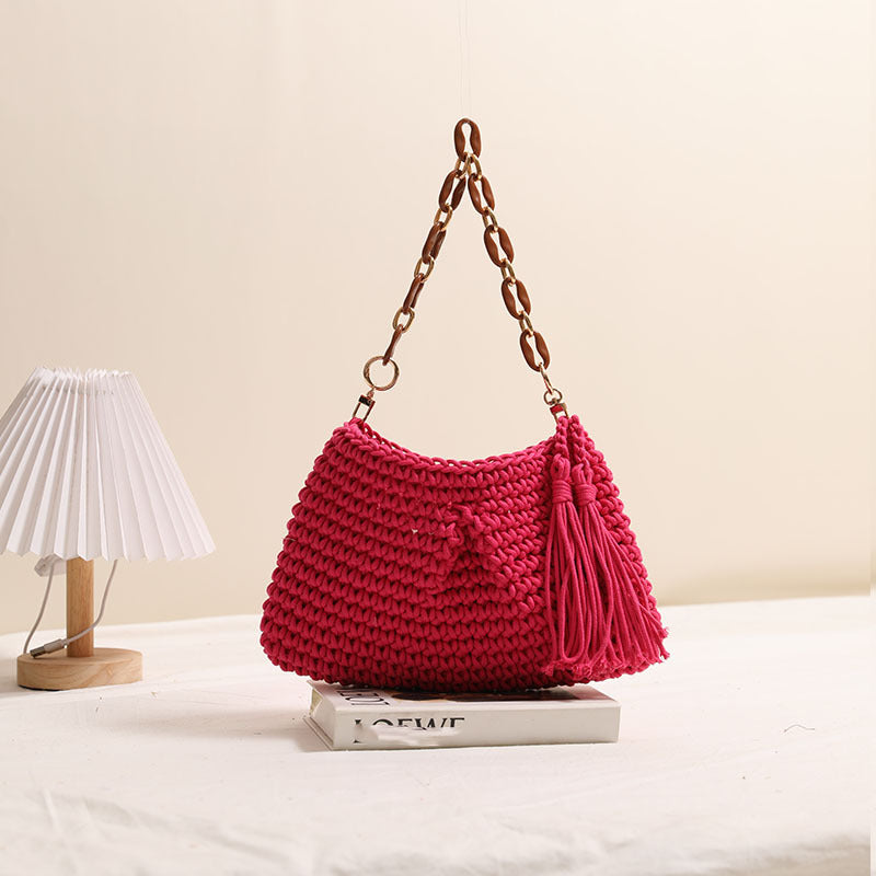 Underarm Cotton Thread Woven Bag Tassel One Shoulder Straw Bag Vacation Beach Bag Niche Women Bag One Size Clip Tassel Rose Red