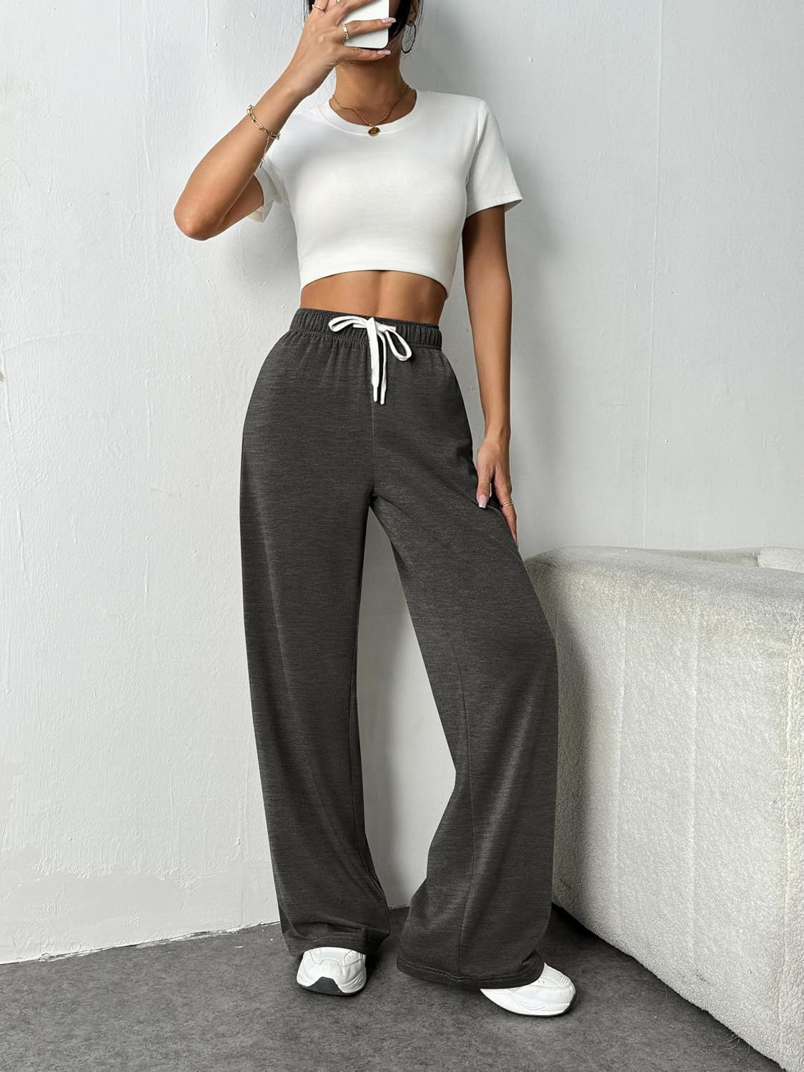 Women Autumn Winter Wide Leg Track Pants High Waist Loose Casual Drawstring Fitness Pant Belt Pocket Dark Grey