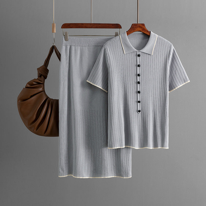 Women Clothing Elegant Knitted Skirt Set Spring Summer Polo Collar Two Piece Set One Size Gray