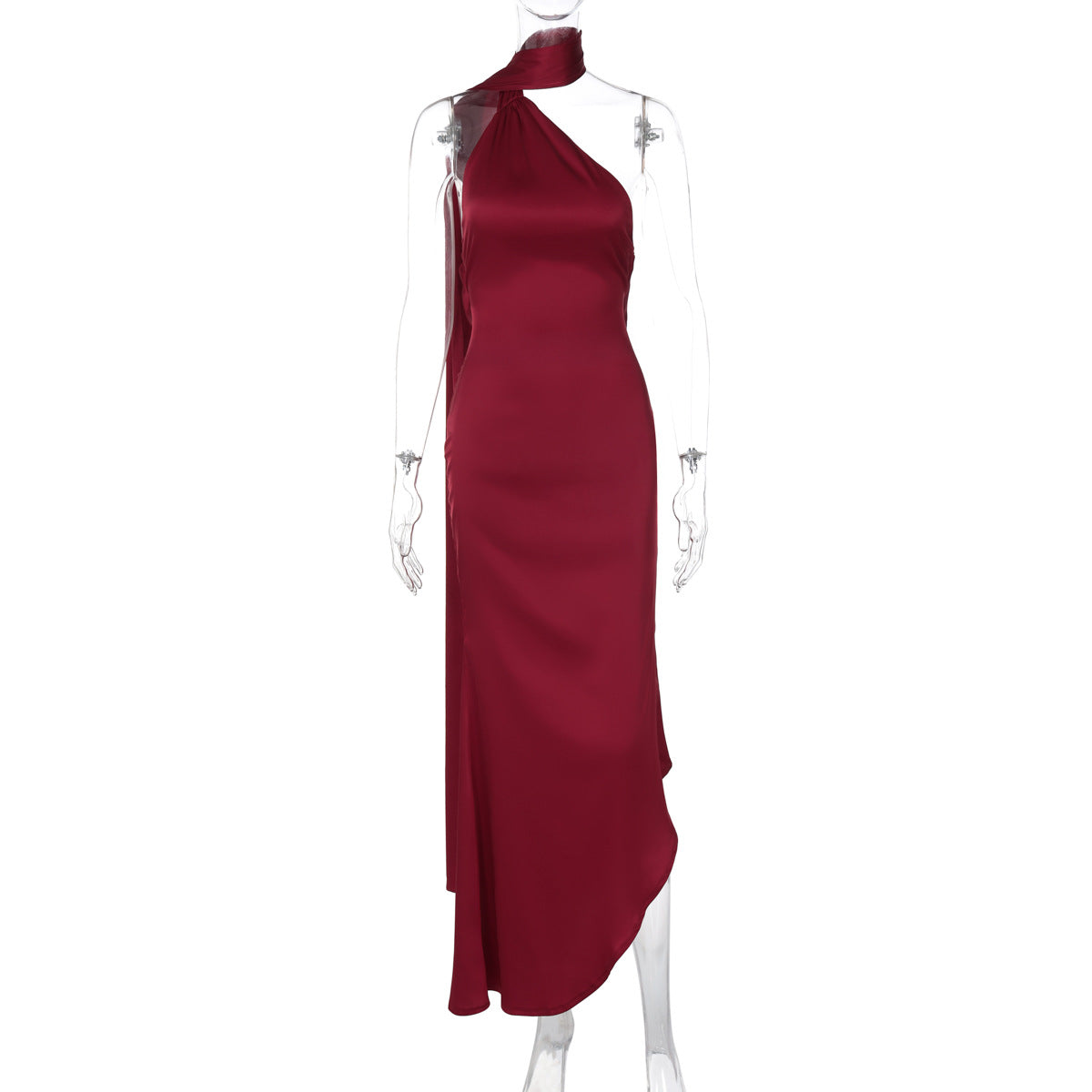 Women Spring Summer Sexy Backless Lace up Halter Ribbon Dress Burgundy