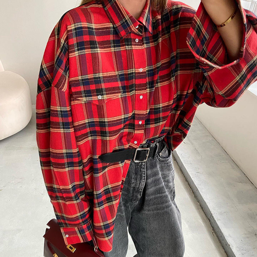 Spring Plaid Shirt Women Trend Retro Plaid Top Baggy Coat Women