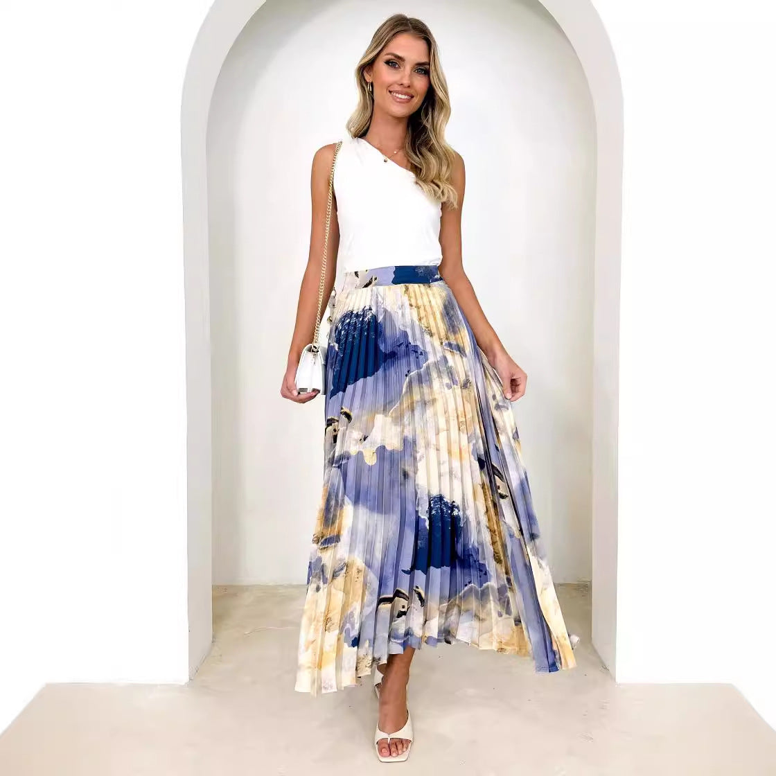 Spring Summer Elegant Draping Printed Pleated Skirt Women