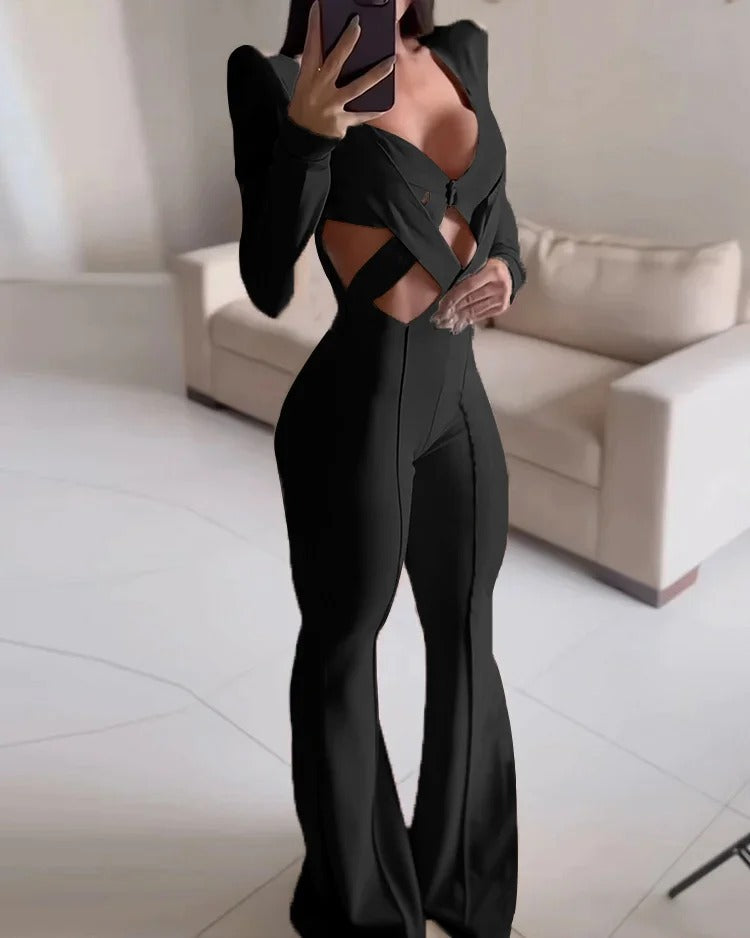 Spring Long Sleeve Hollow Out Cutout Cross Strap Solid Color Jumpsuit Black