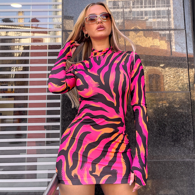 Women Clothing Zebra Print Half High Collar Long Sleeves Sexy Hip