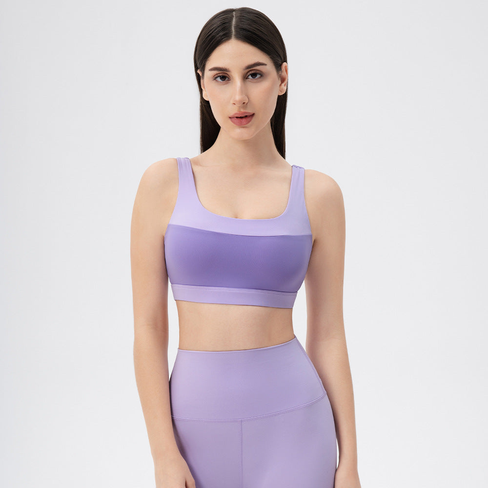 Yoga Vest Color Contrast Patchwork Nude Feel High Elastic Sports Bra Strap Chest Pad Running Fitness Top Purple