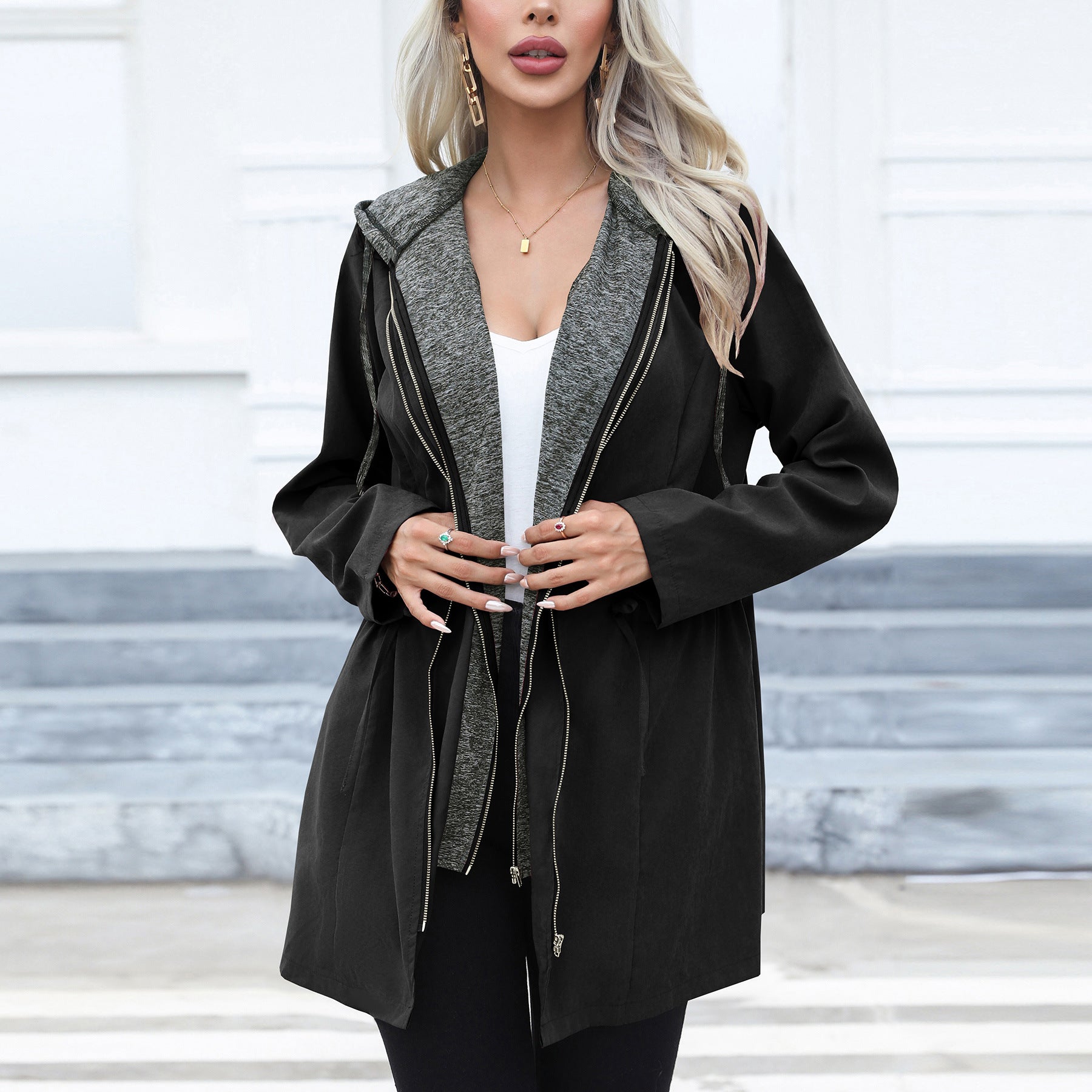 Women Clothing Casual Waist Tight Double Zipper Contrast Color Coat Mid Length Long Sleeve Hood Windbreaker Explosion Black