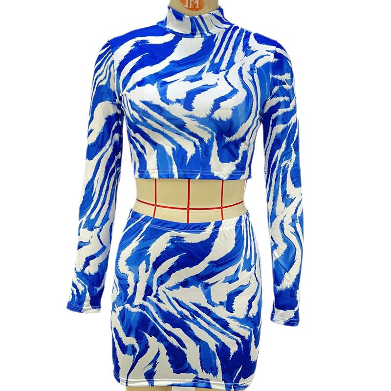 Women Clothing Autumn Zebra Print Cropped Top Sheath Skirt Sets Blue