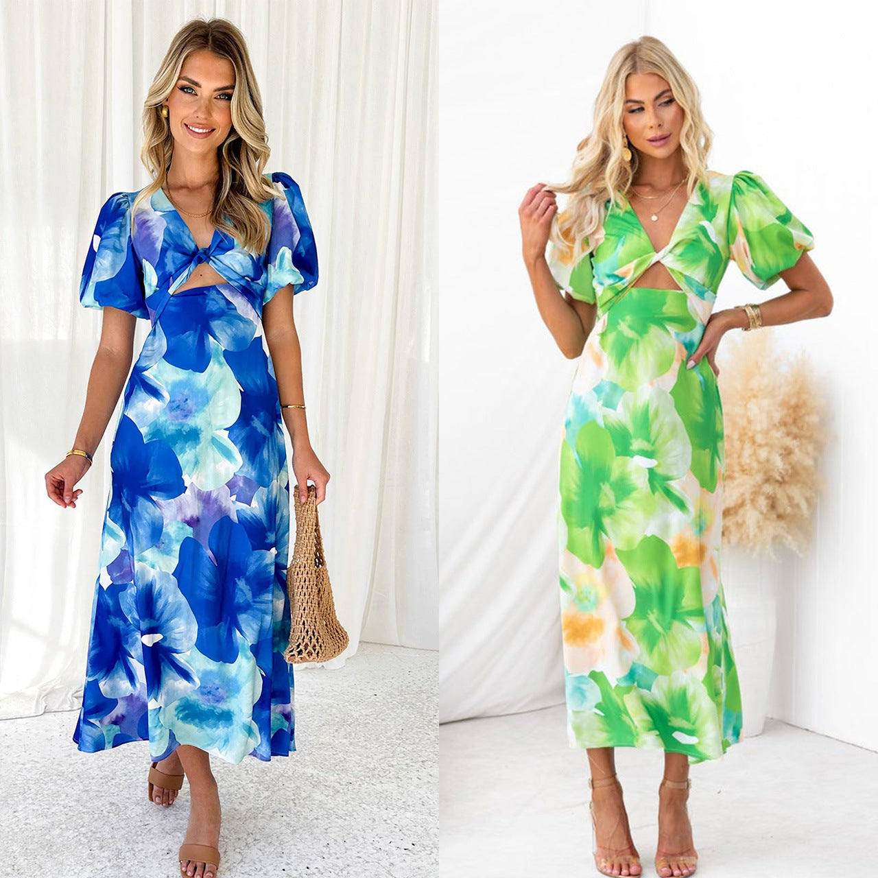 Year Bubble Sleeve Maxi Dress Sexy Print V neck Hollow Out Cutout Women Clothing