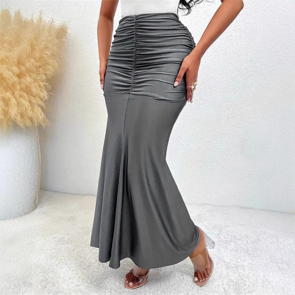 Women Clothing Elegant Elastic Waist Pleated Stretch Skirt Draping Effect Fishtail Gray