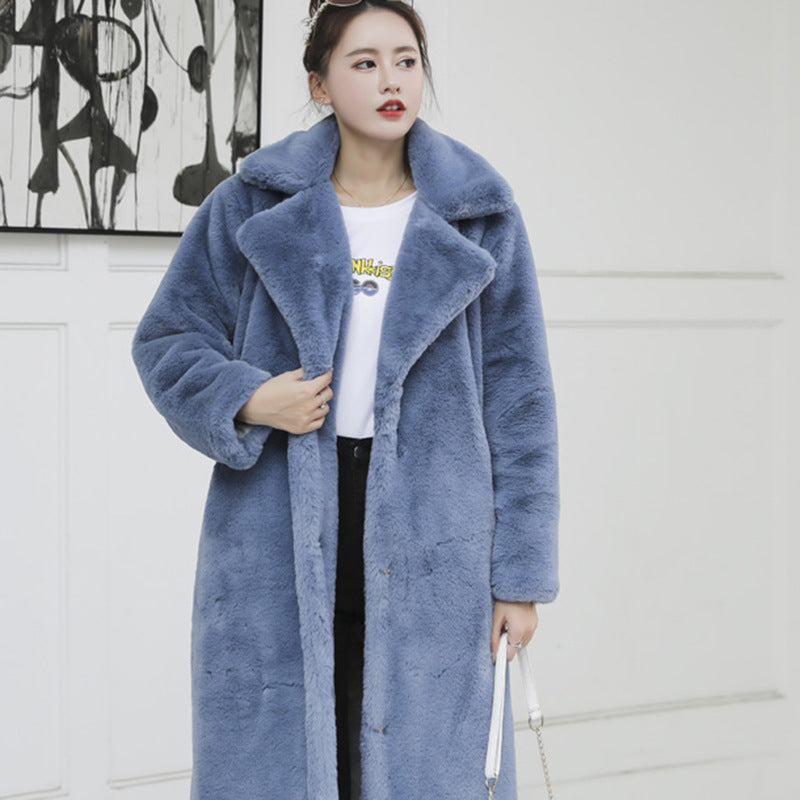 Winter Faux Rabbit Fur Coat Women Lengthened Knee Length Faux Fur Coat Thickened Warm Plush Coat Blue