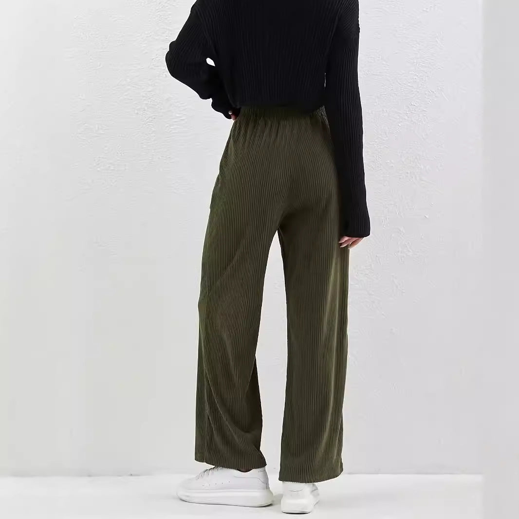 Women Casual Retro Solid Color All Matching Corduroy Elastic Waist Straight Leg Trousers