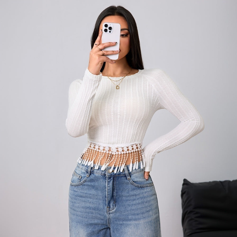 Women Clothing Autumn Winter Simple Intellectual T shirt Tassel Slim Fit Slimming Top White