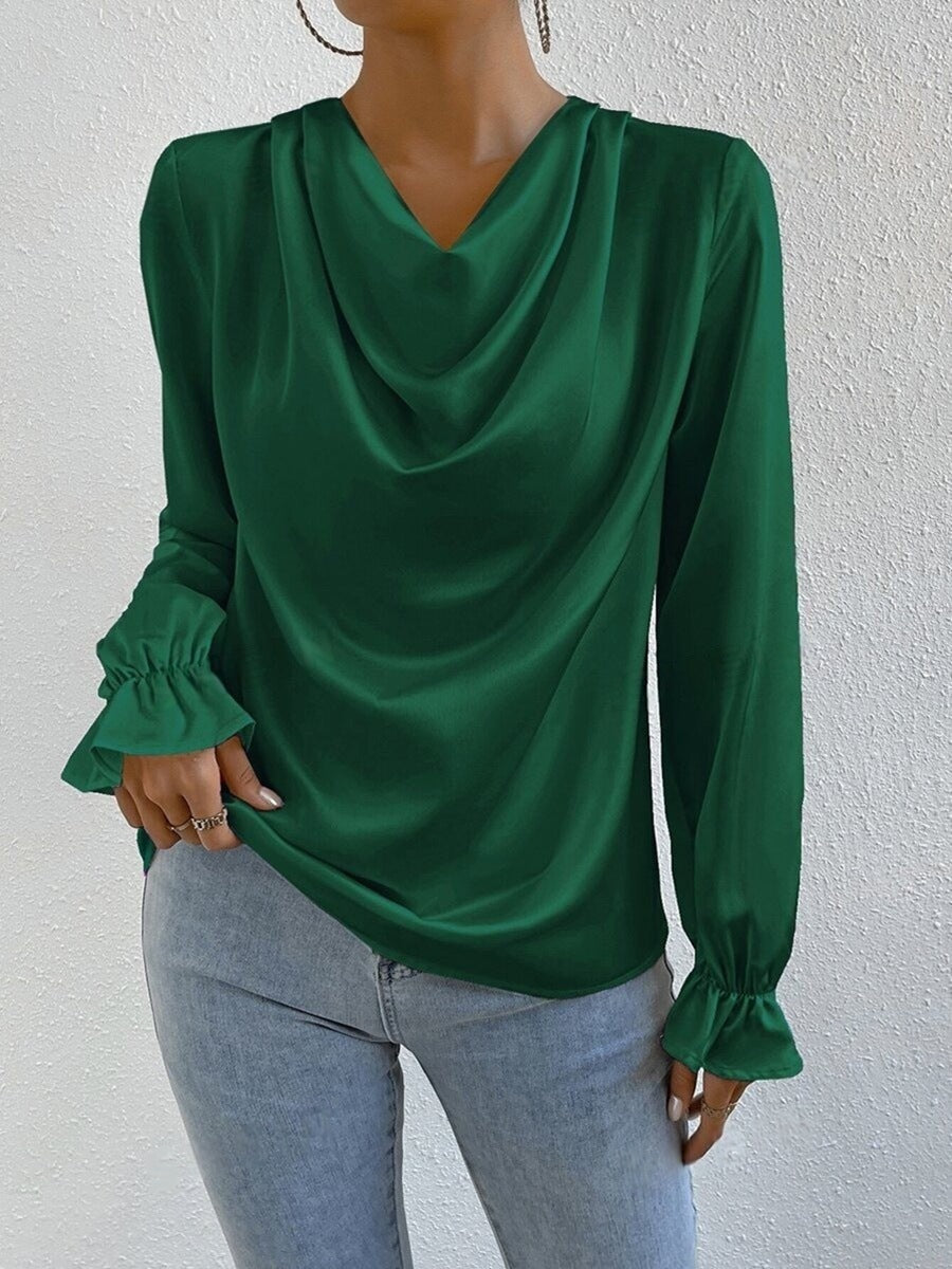 Women Clothing Ruffled Sleeve Satin Shirt Autumn Arrival Long Sleeve Satin Shirt Green