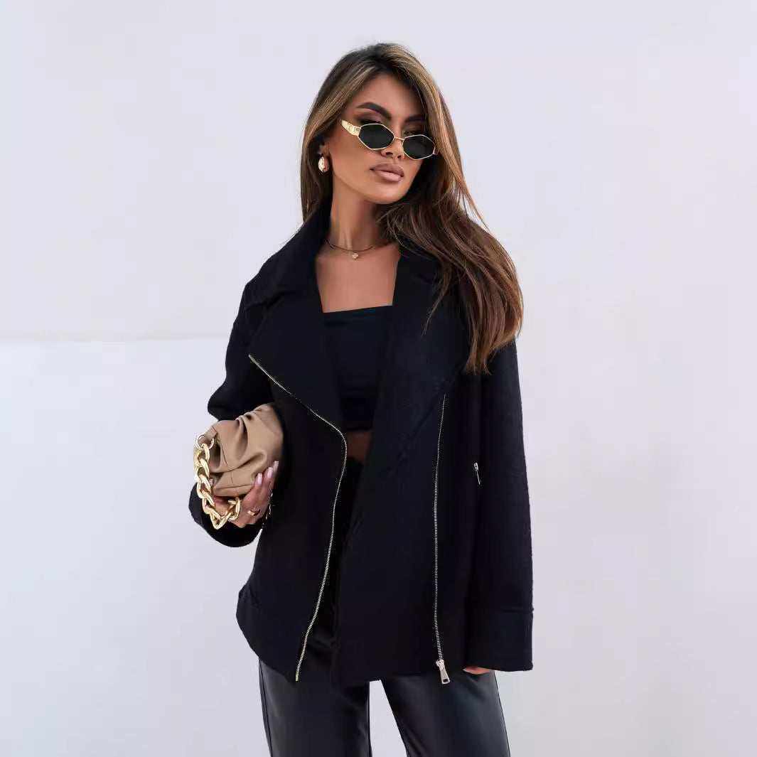 Women Clothing Autumn Winter Collared Woolen Brushed Zipper Coat