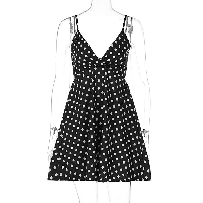 Summer Sexy Backless Slingback Polka Dot Printing Dress Women Black