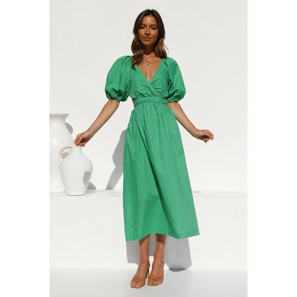 Spring Summer Waist-Tight V-neck Comely Sweet Mid-Length Dress