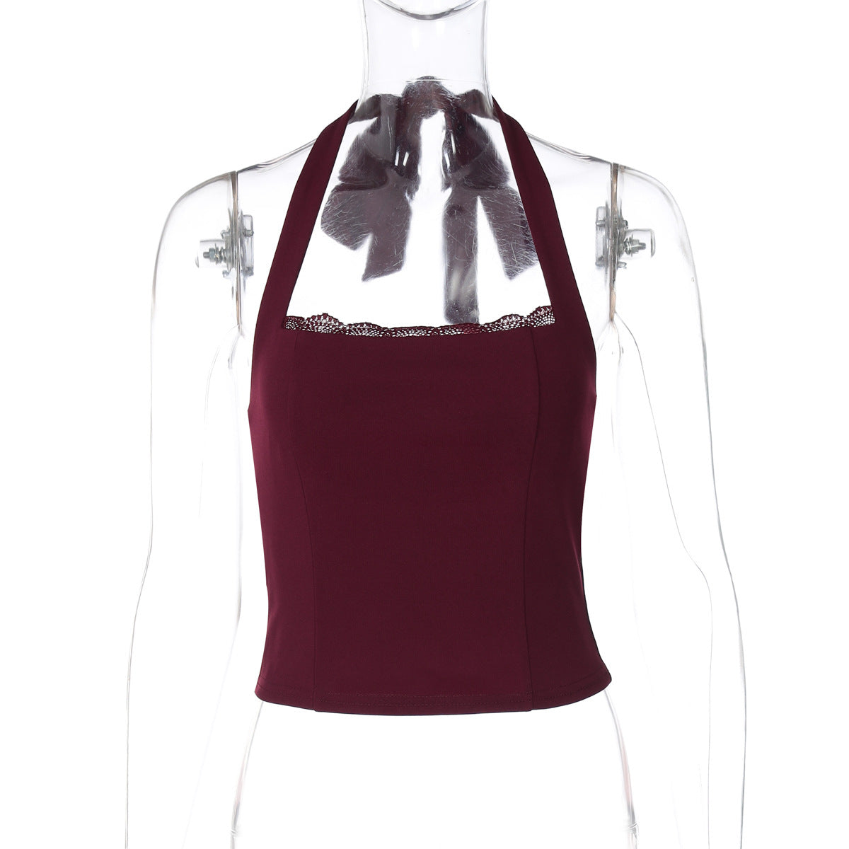 Women Clothing Spring Summer Sexy Backless Lace up Lace Cropped Vest Women Burgundy