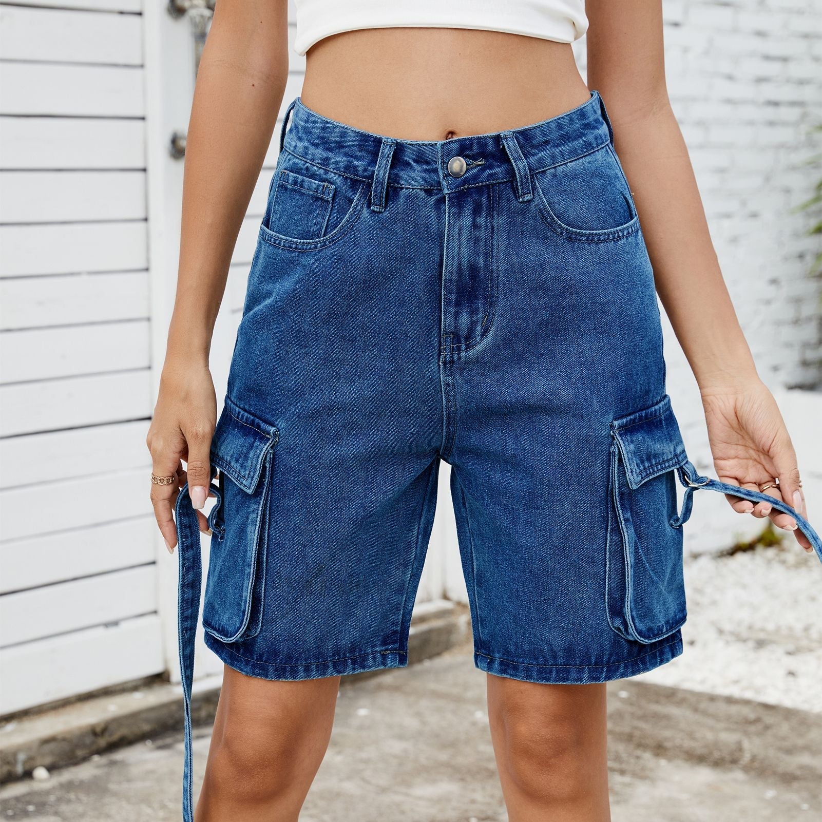 Women Summer Street Hipster Washed Denim Cargo Pants Shorts