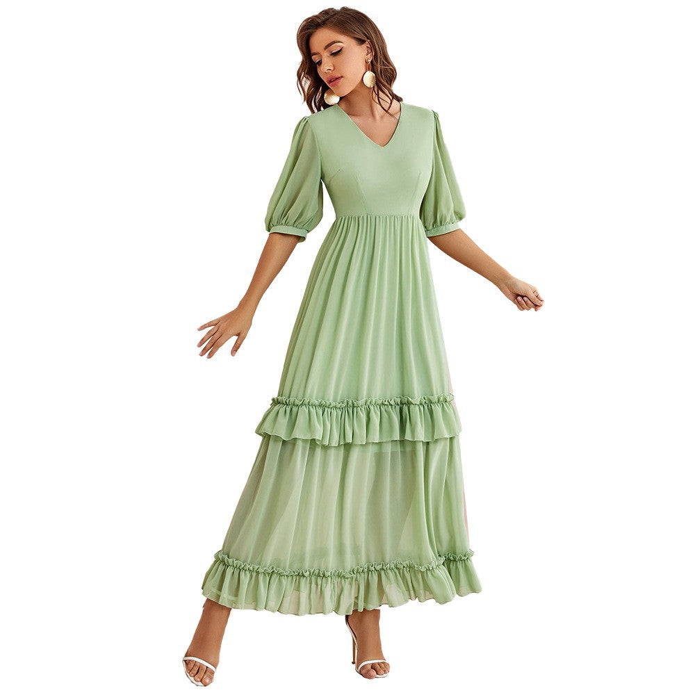 Women Clothing V neck Short Sleeve Tiered Dress Green