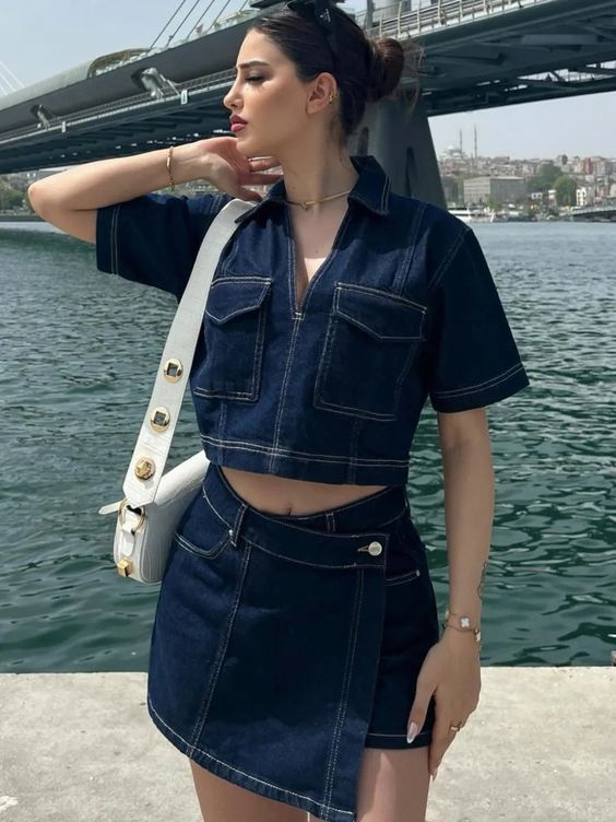 Workwear Denim Culottes Women Summer V neck Short Sleeved Top Summer Women Sexy High Waist Irregular Asymmetric Navy Blue