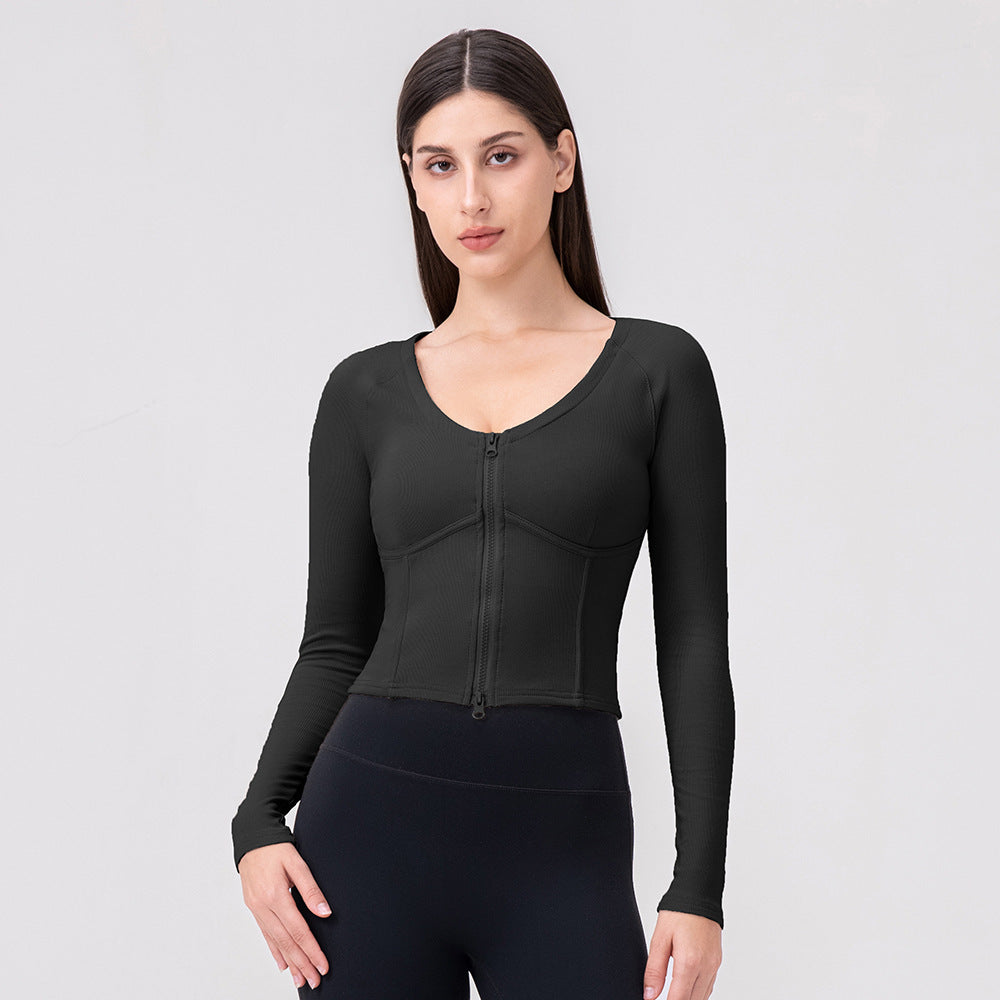 Women Autumn Winter Zipper Sports Top Boning Corset Slim Fit Thin Yoga Wear Sexy U Lead Step Workout Long Sleeve Black