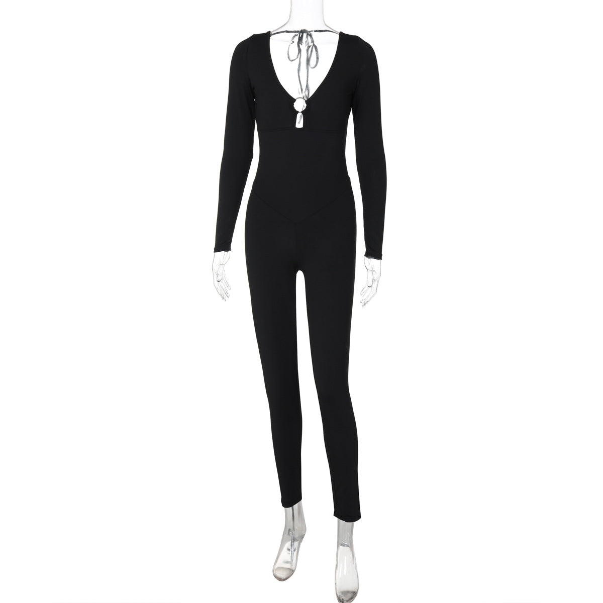 Women Clothing Winter Sexy Backless Long Sleeves Skinny Hip Raise Jumpsuit Black