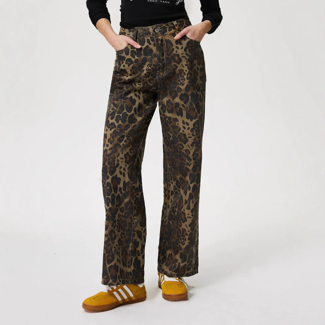 Women Clothing Vintage Leopard Print Straight Leg Denim Trousers