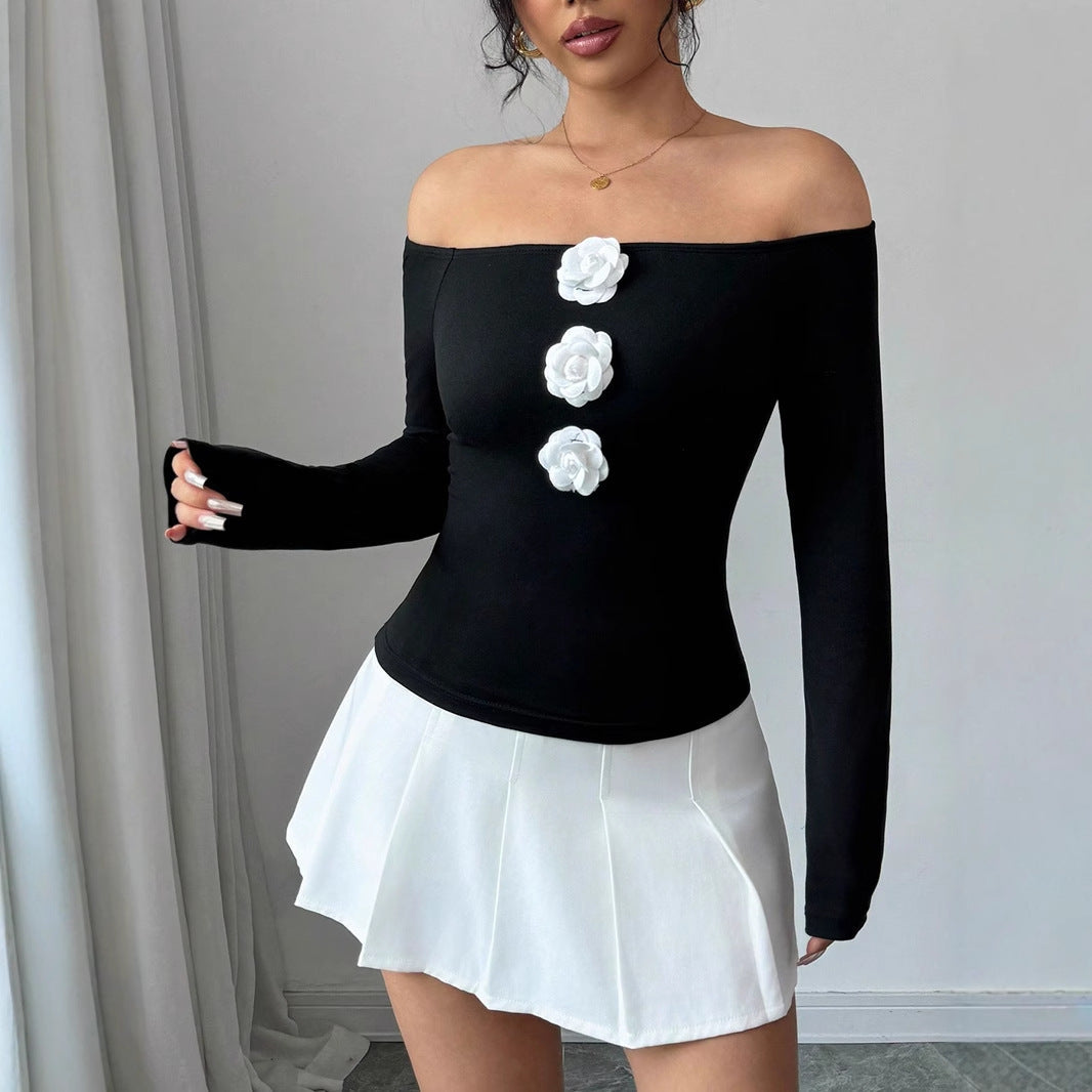 T shirt Popular Knitwear Floral One Shoulder Black